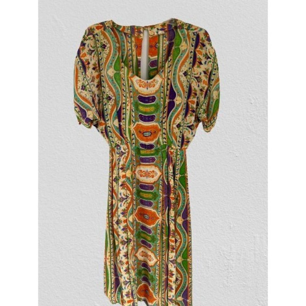 Women's Vintage 1980 Dress Pleated Skirt Ballon Sleeves Geometric print
